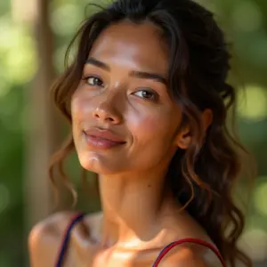 Mulher brasileira sorrindo com pele radiante, mostrando produtos de K-Beauty em um ambiente vibrante e natural.