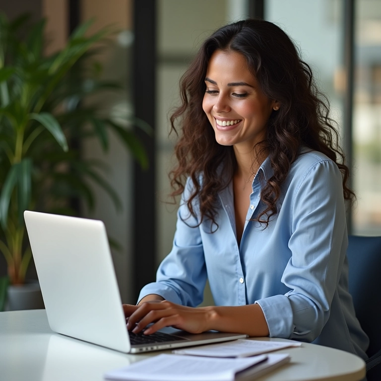 Mulher brasileira sorrindo enquanto consulta informações no laptop sobre como transformar MEI em ME com dicas de especialistas.