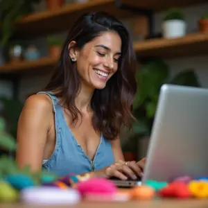 Mulher brasileira sorrindo enquanto gerencia sua loja online MEI em um laptop.