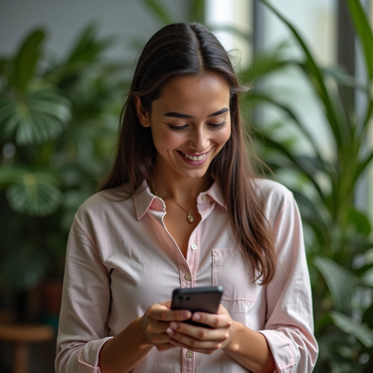 Mulher brasileira sorrindo enquanto interage com clientes pelo WhatsApp.