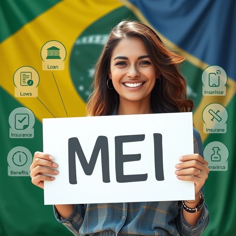 Mulher brasileira sorrindo segurando placa MEI, cercada por ícones de benefícios.