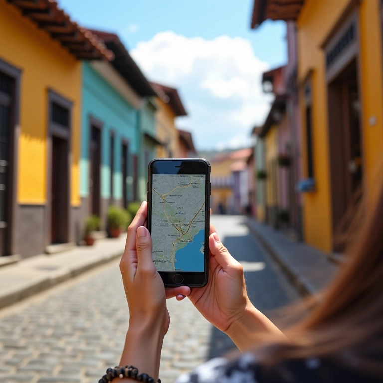 Mulher brasileira usando app de mapa em cidade histórica do Brasil.
