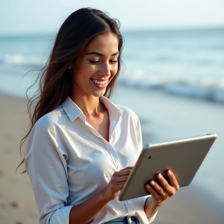 Mulher brasileira verificando portfólio de investimentos de alto crescimento em tablet com praia ao fundo.
