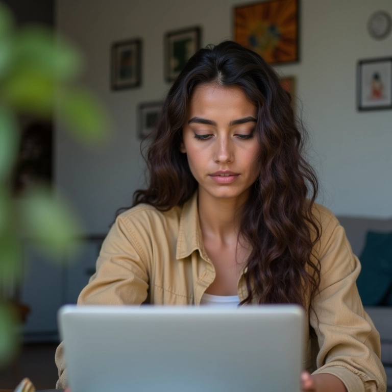 Mulher brasileira verificando situação do CPF online.