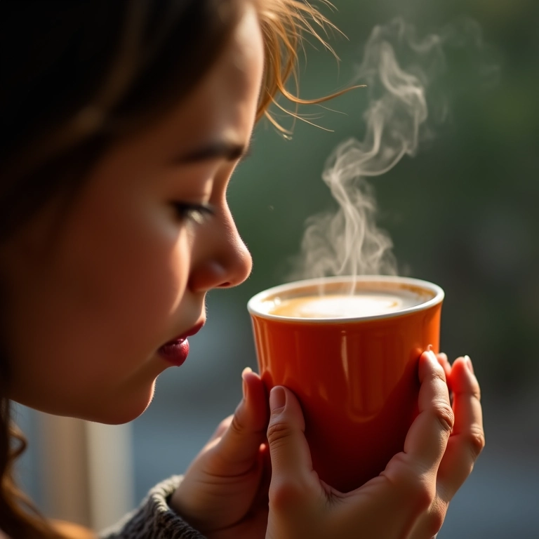 Mulher cheirando café, descrição com palavras sensoriais.
