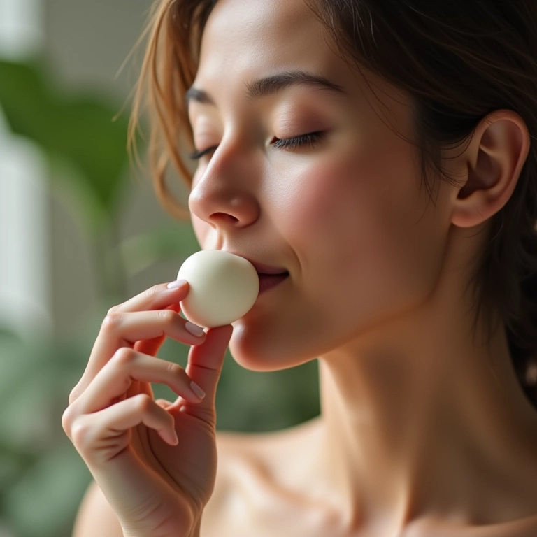 Mulher cheirando manteiga corporal, aroma relaxante.