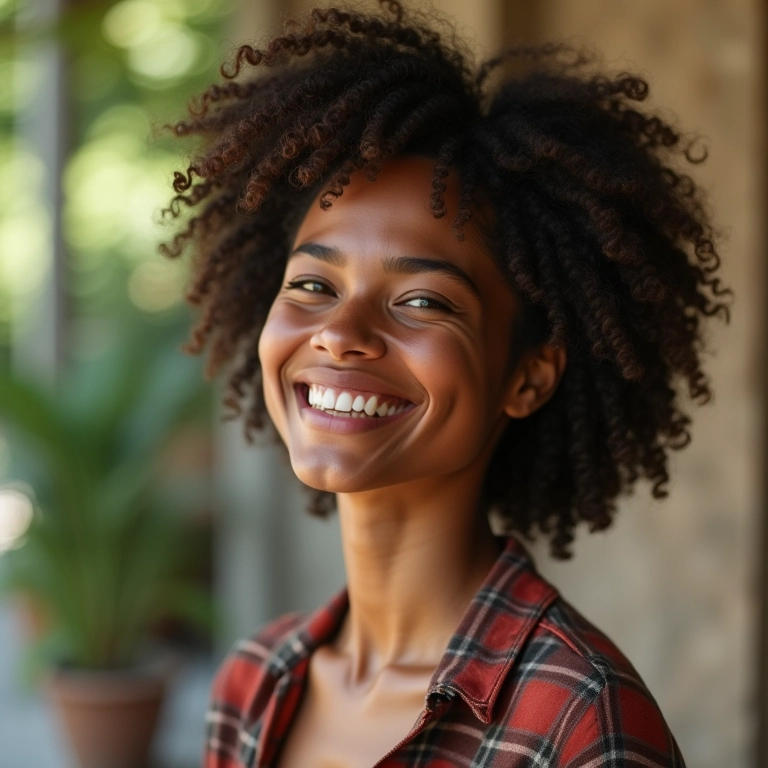 Mulher cisgênero brasileira sorrindo confiantemente, representando sua identidade.