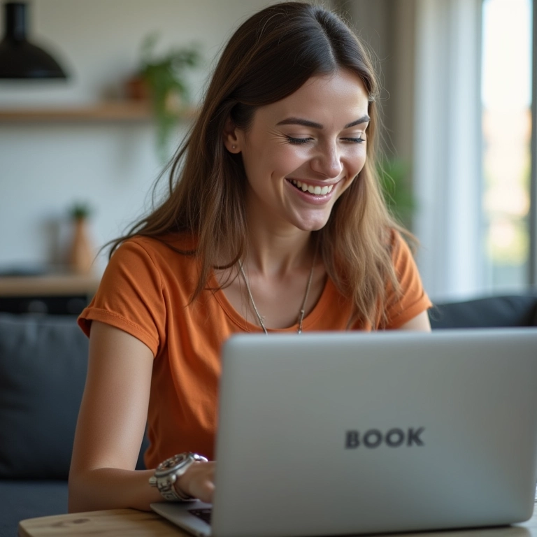 Mulher clicando feliz em 'Reserve Agora' em site de viagens.