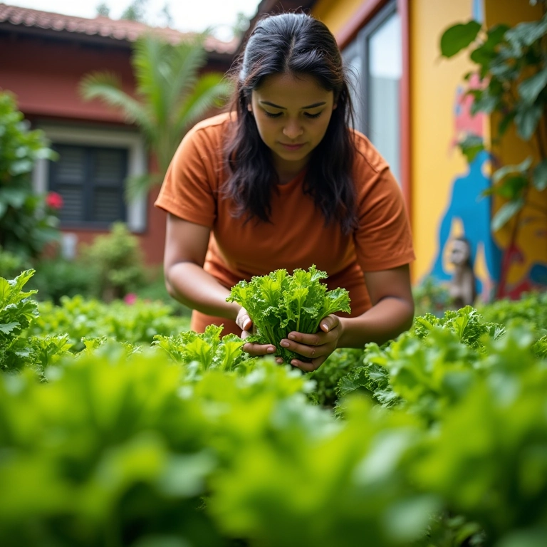 Mulher colhendo alface em horta urbana com decoração brasileira.