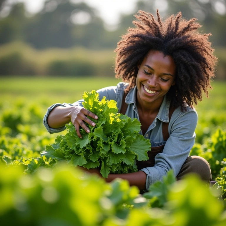 Mulher colhendo alface fresca na horta de inverno com um sorriso.