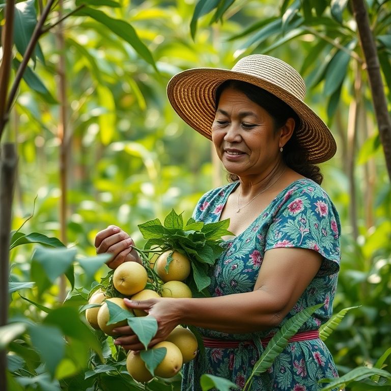 Mulher colhendo taioba mansa em um jardim vibrante e colorido.
