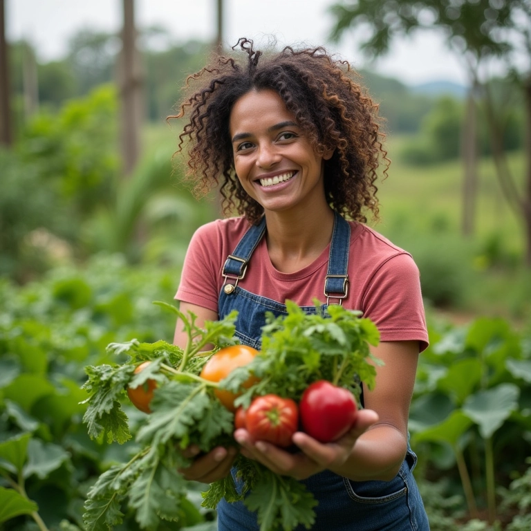 Mulher colhendo vegetais em sua horta orgânica e sustentável.
