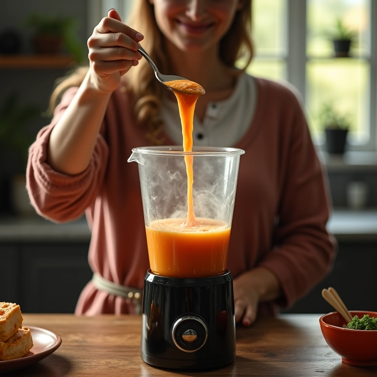 Mulher colocando sopa quente em mixer com cuidado.