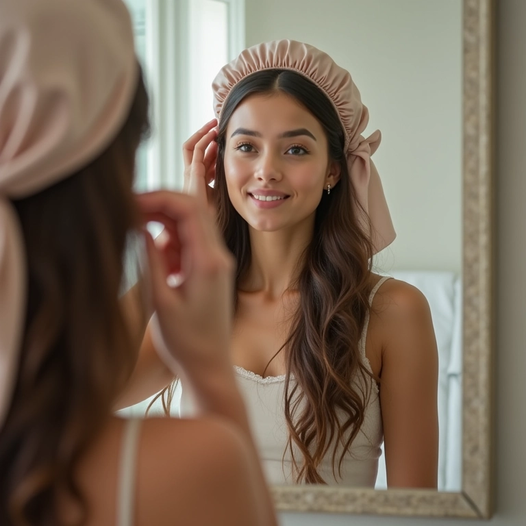 Mulher colocando touca de cetim corretamente.