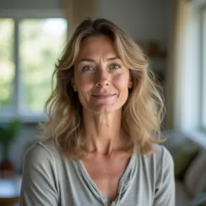 Mulher com astigmatismo leve, visão embaçada simulada.