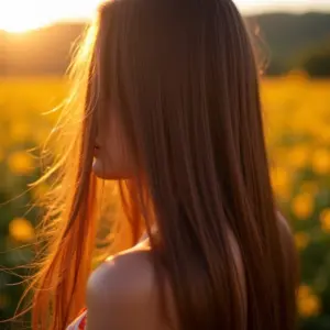 Mulher com cabelo castanho brilhante, destacando o brilho natural dos fios.