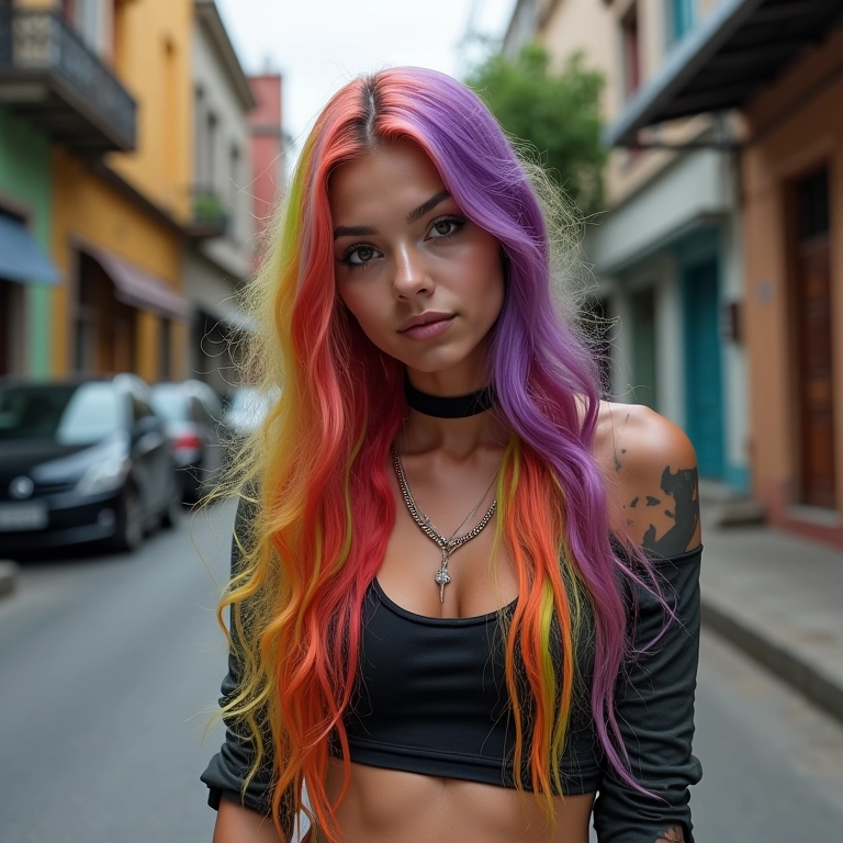 Mulher com cabelo colorido e roupas urbanas, inspirada na moda funk.