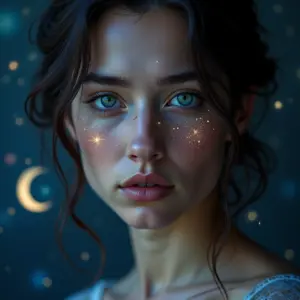 Mulher com constelações nos olhos, representando a busca pelo ascendente astrológico.