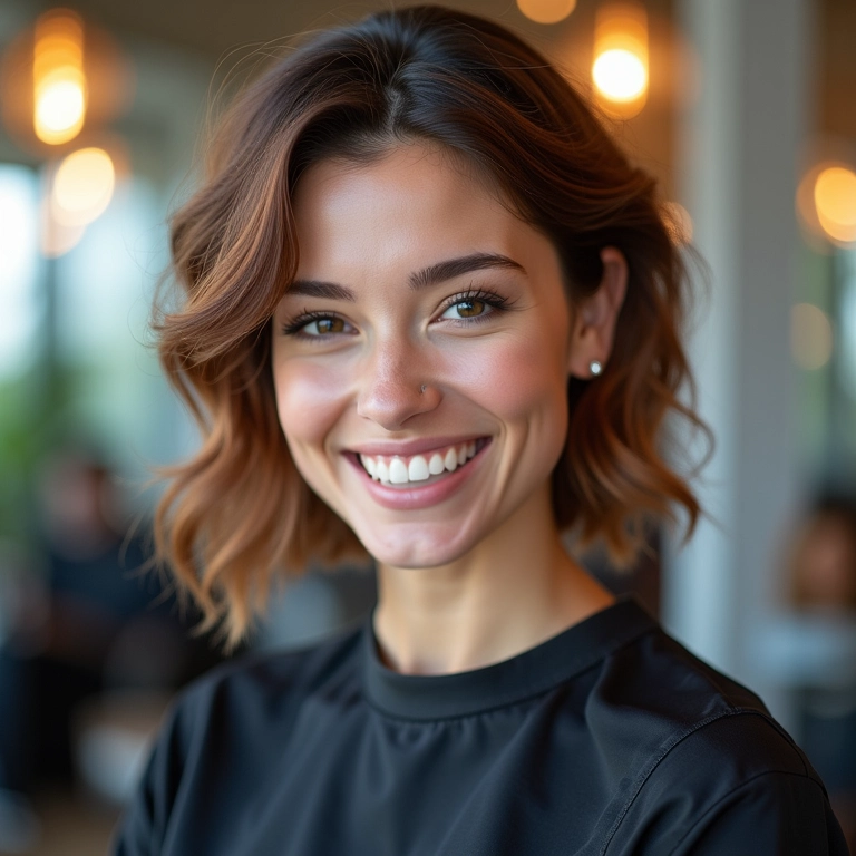 Mulher com corte de cabelo moderno e cor vibrante, sorrindo.