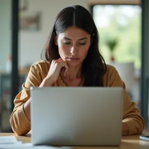 Mulher com dificuldade de concentração em frente ao computador.
