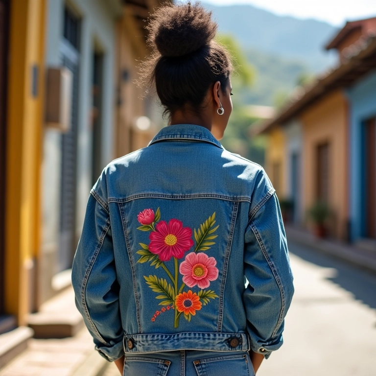 Mulher com jaqueta jeans bordada em rua ensolarada.