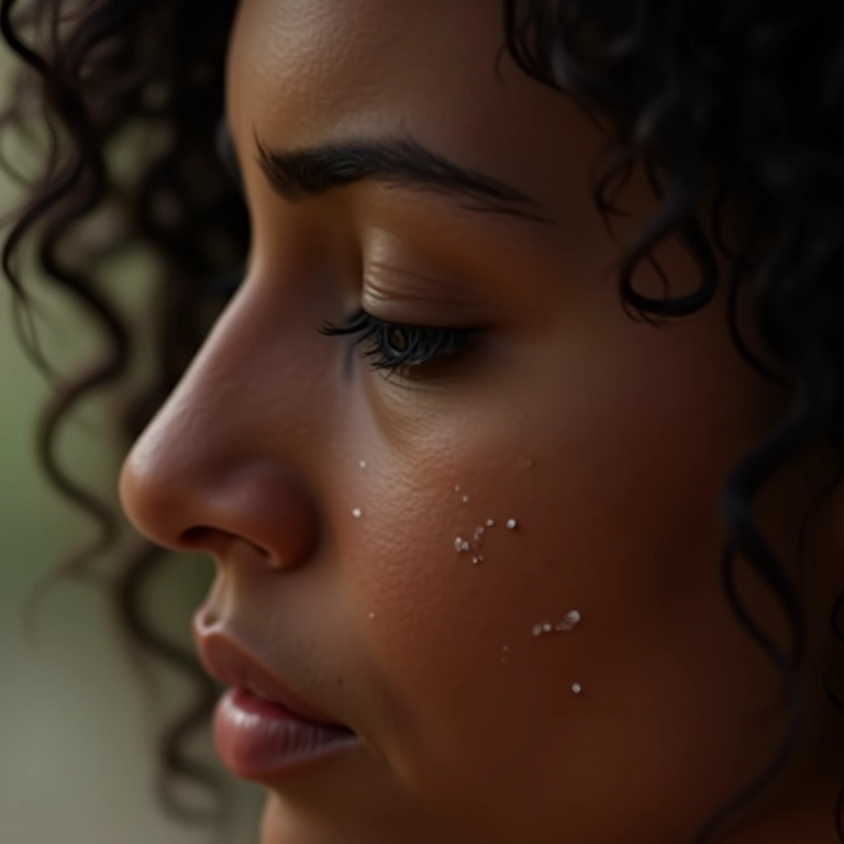 Mulher com lágrimas nos olhos, expressando sentimentos intensos, mas com esperança.