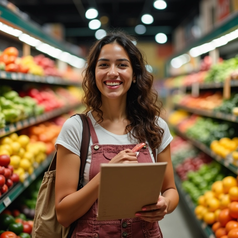 Mulher com lista de compras em um supermercado brasileiro repleto de frutas e verduras frescas.