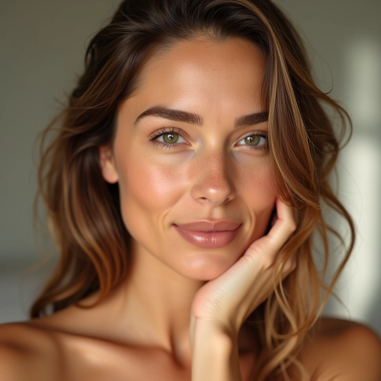 Mulher com pele e cabelos saudáveis segurando creme facial.