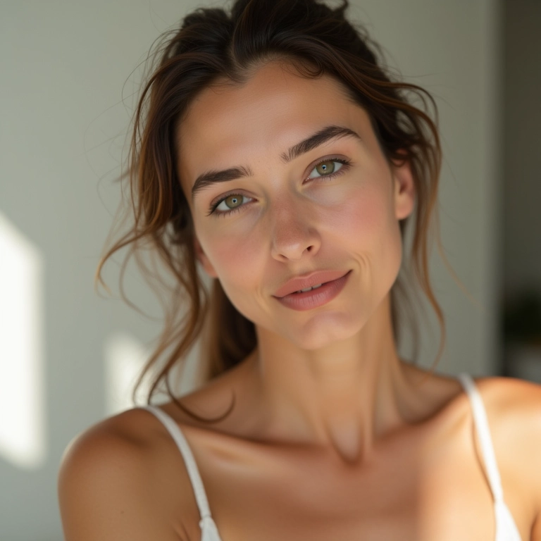 Mulher com pele saudável, maquiagem natural, radiante sob a luz natural.