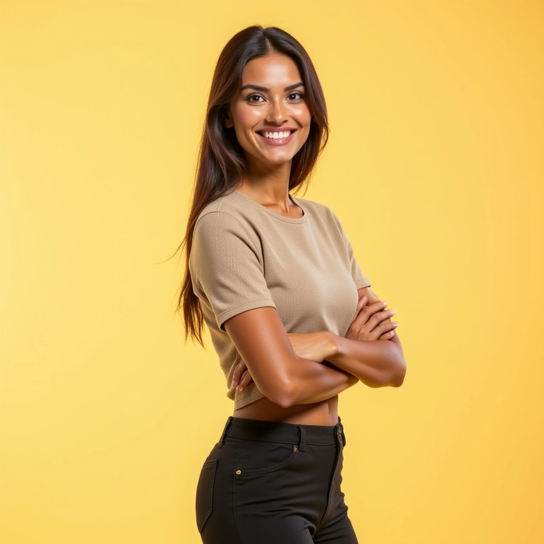 Mulher com postura confiante, sorrindo abertamente.