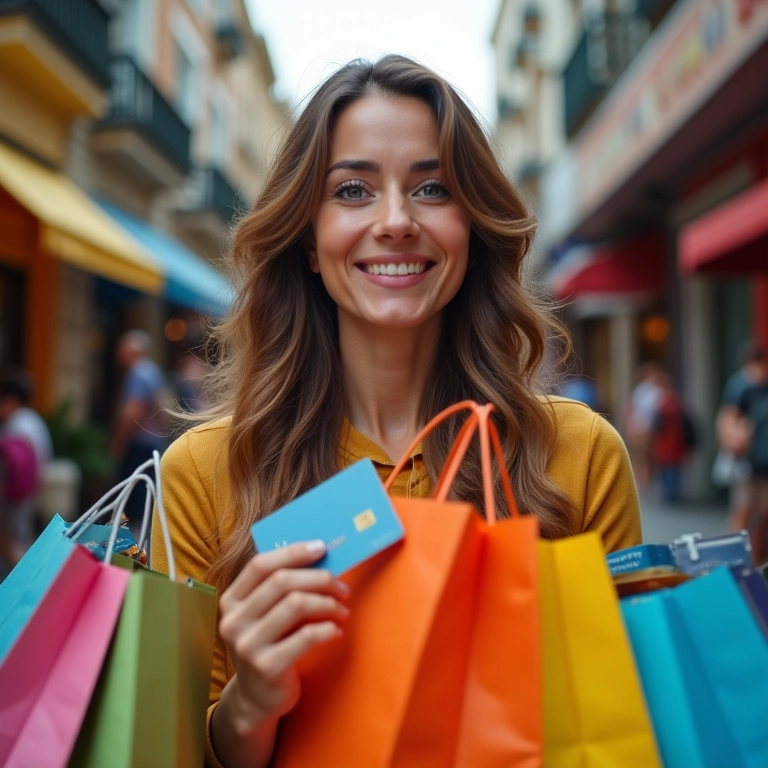 Mulher com sacolas de compras e cartões de crédito, ilustrando o gasto excessivo.