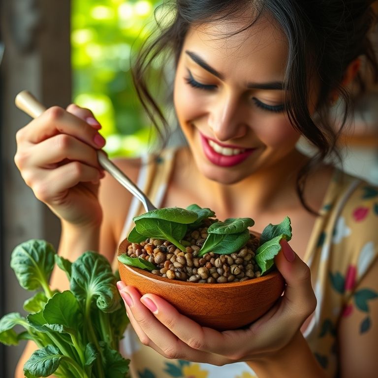 Mulher comendo alimentos ricos em ferro (espinafre, lentilha).