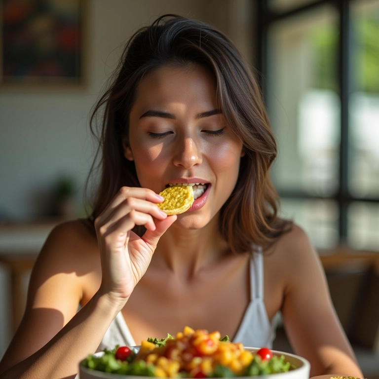 Mulher comendo devagar e mastigando bem em sala de jantar.