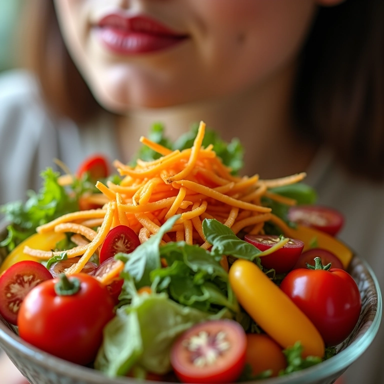 Mulher comendo salada colorida rica em antioxidantes.