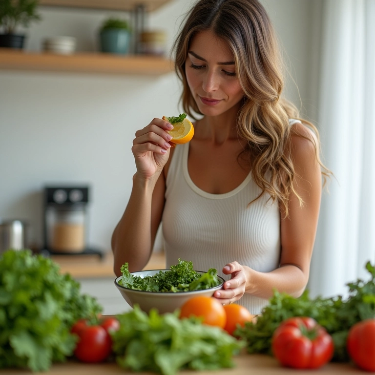 Mulher comendo salada saudável com vegetais frescos.