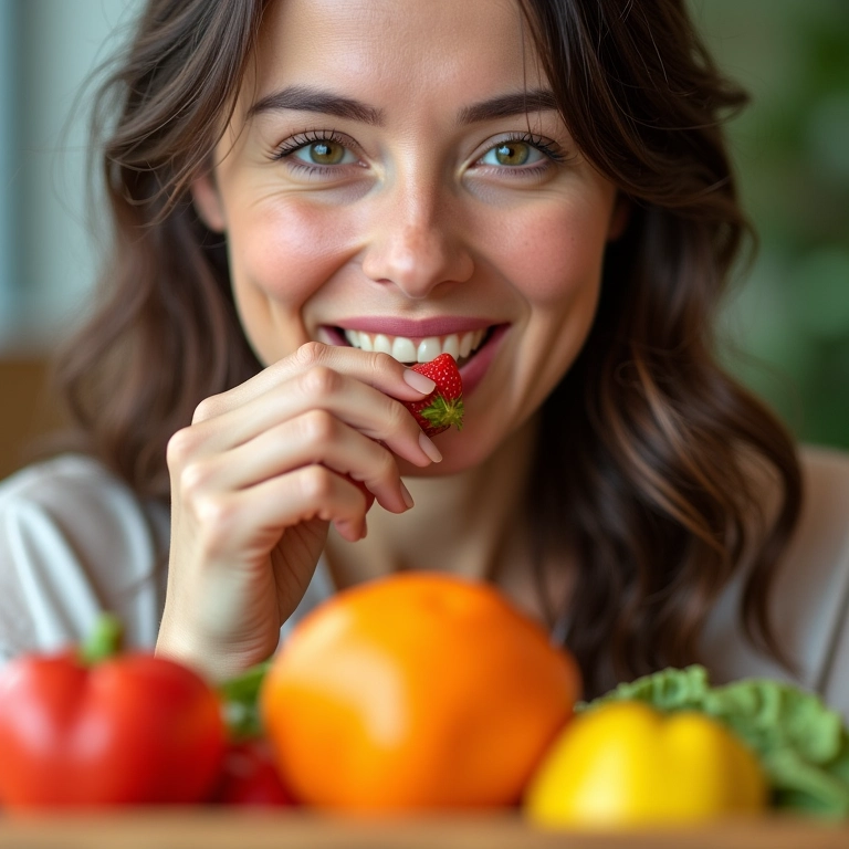 Mulher comendo uma refeição saudável e colorida para fortalecer os cabelos.