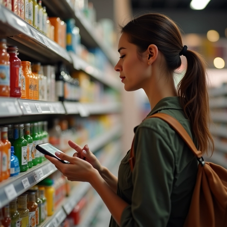 Mulher compara preços de produtos na loja com expressão preocupada.