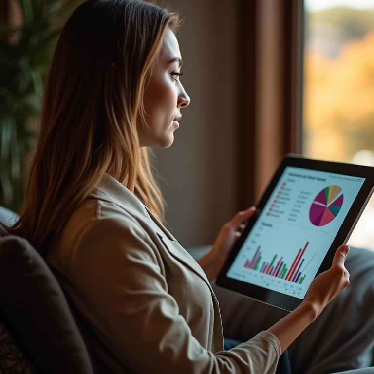 Mulher comparando gráfico de fluxo de caixa e capital de giro.