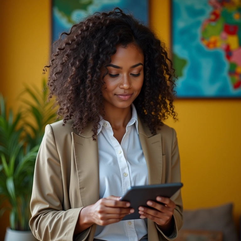 Mulher comparando pacotes de ajuda financeira em um tablet com fundo de decoração brasileira colorida.