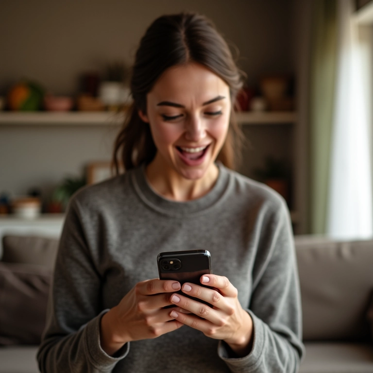 Mulher compartilhando meme engraçado no celular.