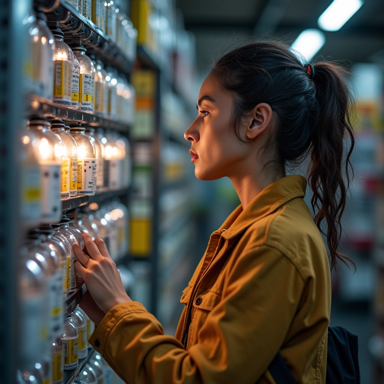 Mulher comprando lâmpada para placa em loja de autopeças.