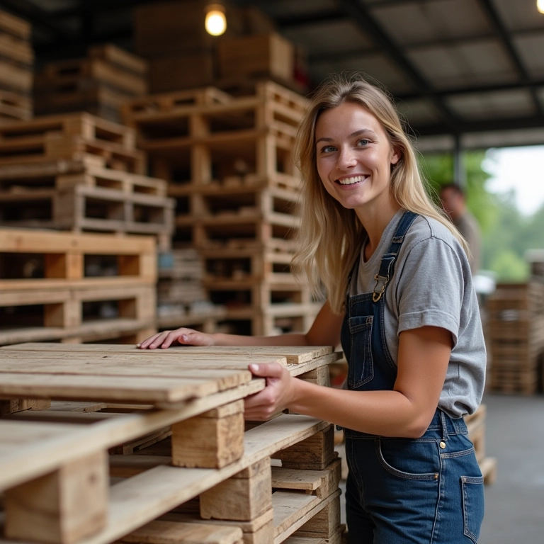 Mulher comprando pallet em loja de madeira sustentável.