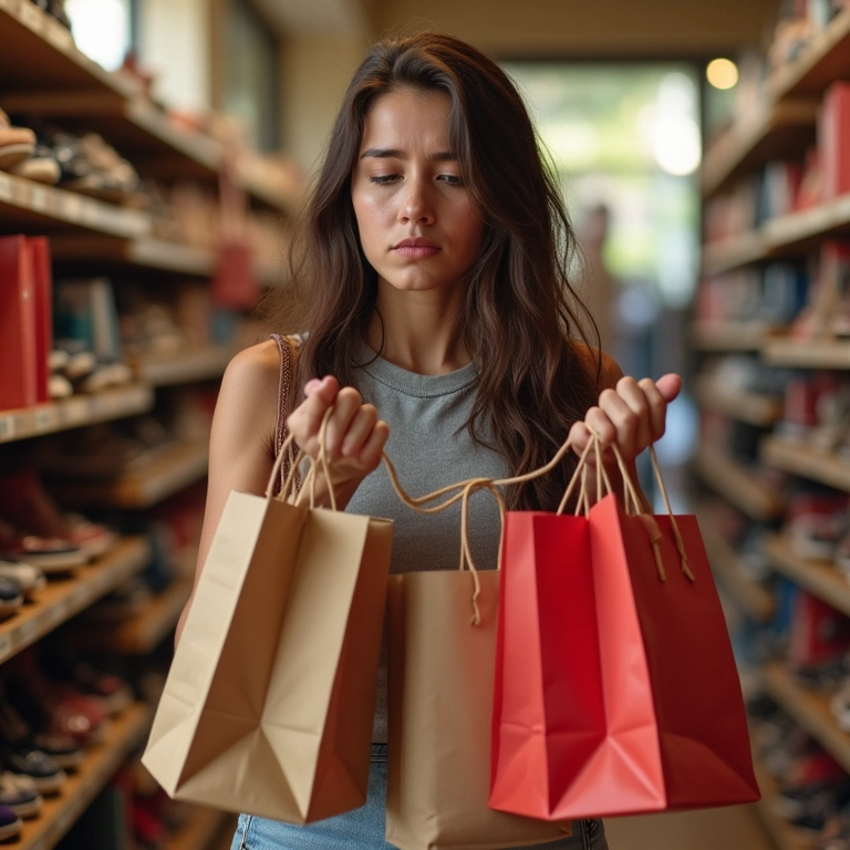 Mulher comprando sapatos por impulso, com expressão de arrependimento.