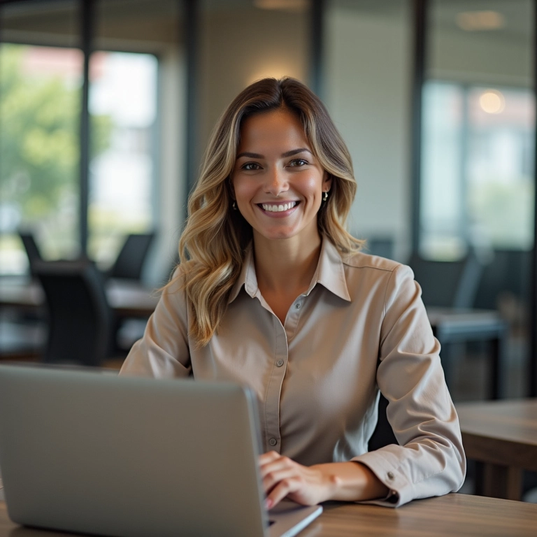 Mulher conciliando emprego com carteira assinada e negócio MEI, feliz e realizada.