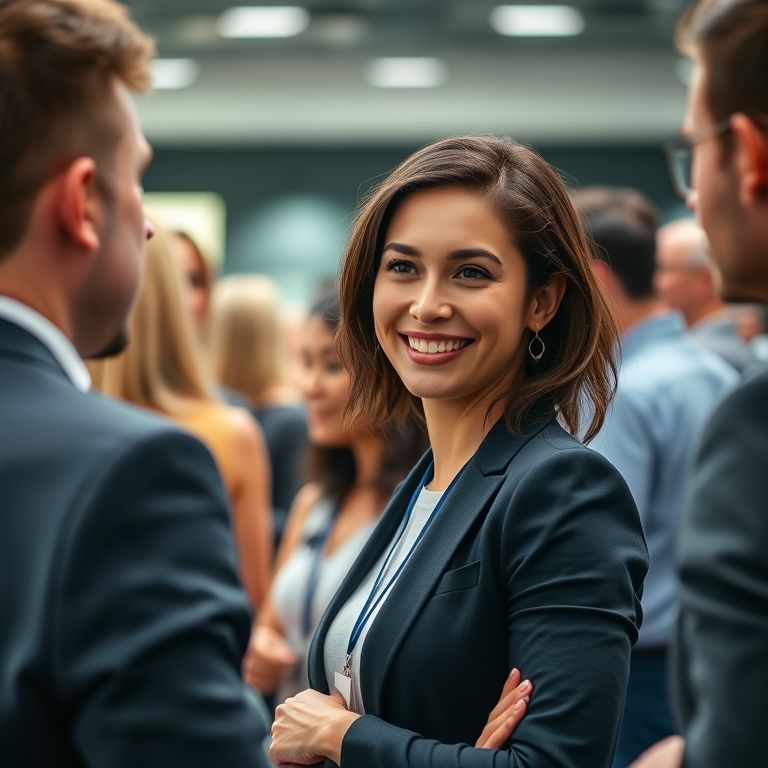 Mulher confiante fazendo networking em evento de negócios.