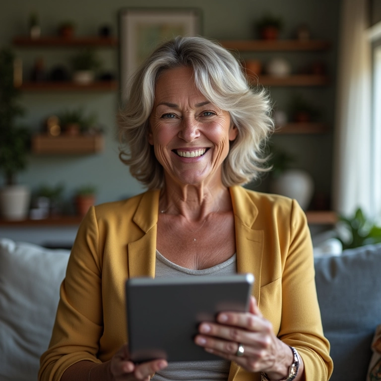 Mulher confiante operando na bolsa de valores em seu tablet em casa.