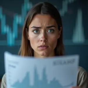 Mulher confusa analisando gráficos de investimento.