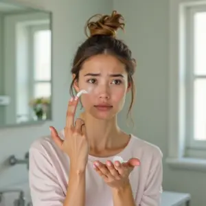 Mulher confusa olhando pequena quantidade de produto na mão.