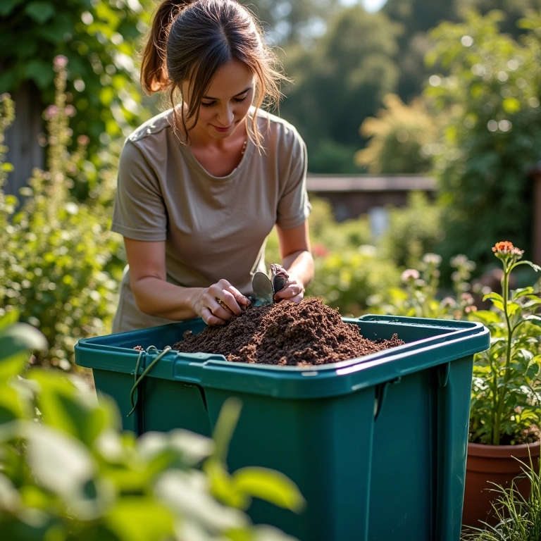 Mulher construindo minhocário caseiro com caixas plásticas recicladas.