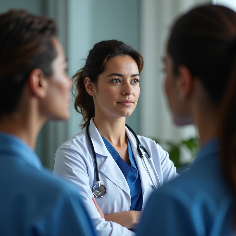 Mulher consulta dermatologista sobre causas da queda de cabelo.
